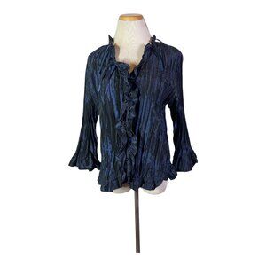 Piano Size XL Crinkle Pleat Blouse 3/4 Sleeves Iridescent Black Blue